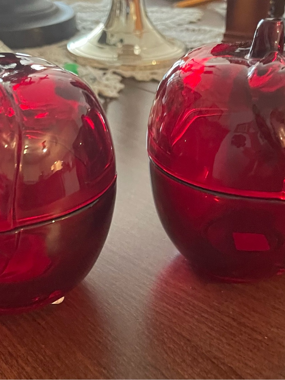 PartyLite Red Glass Apple Trinket Boxes - Pair